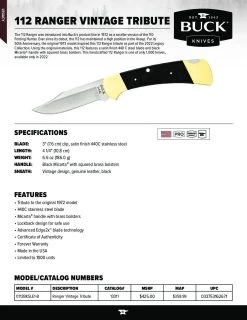 Buck Knives 112 Ranger 50th Anniversary Vintage Tribute Folding Knife, 440C Steel, Limited Edition -Knife discount store 0112BKSLE Ranger Vintage Tribute pdf
