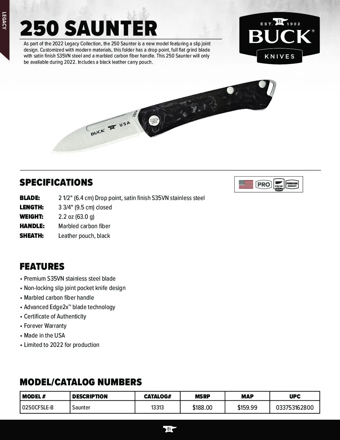 Buck Knives 250 Saunter Slip Joint Folding Knife, S35VN Blade, Carbon Fiber Handle – Limited Edition 2 Buck Knives 250 Saunter Slip Joint Folding Knife, S35VN Blade, Carbon Fiber Handle – Limited Edition - Image 2