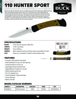 Buck Knives 110 Folding Hunter Sport Knife, Aluminum Frame, OD Green Micarta Scales, BOS S30V Blade W/ Pocket Clip -Knife discount store 110 Hunter Sport pdf