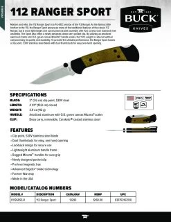Buck Knives 112 Ranger Sport Folding Knife, Aluminum Frame, OD Green Micarta Scales, BOS S30V Blade W/ Pocket Clip -Knife discount store 112 Ranger Sport pdf