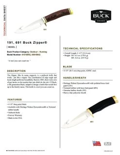 Buck Knives 191 Zipper Guthook Fixed Blade Knife W/ Sheath 0191BRG -Knife discount store 191 691 Zipper pdf