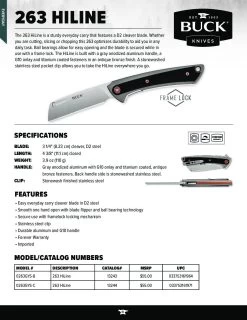 Buck Knives 263 Hiline D2 Cleaver Frame Lock Ball Bearing Flipper Folding Knife W/ Clip 0263GYS -Knife discount store 263 HiLine Spec Sheet pdf