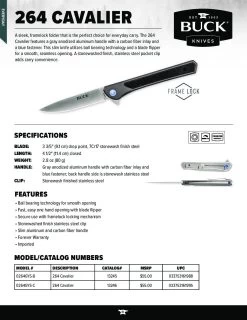 Buck Knives 264 Cavalier Frame Lock Ball Bearing Flipper Folding Knife W/ Clip 0264GYS 11 Buck Knives 264 Cavalier Frame Lock Ball Bearing Flipper Folding Knife W/ Clip 0264GYS -Knife discount store 264 Cavalier Spec Sheet 1 pdf