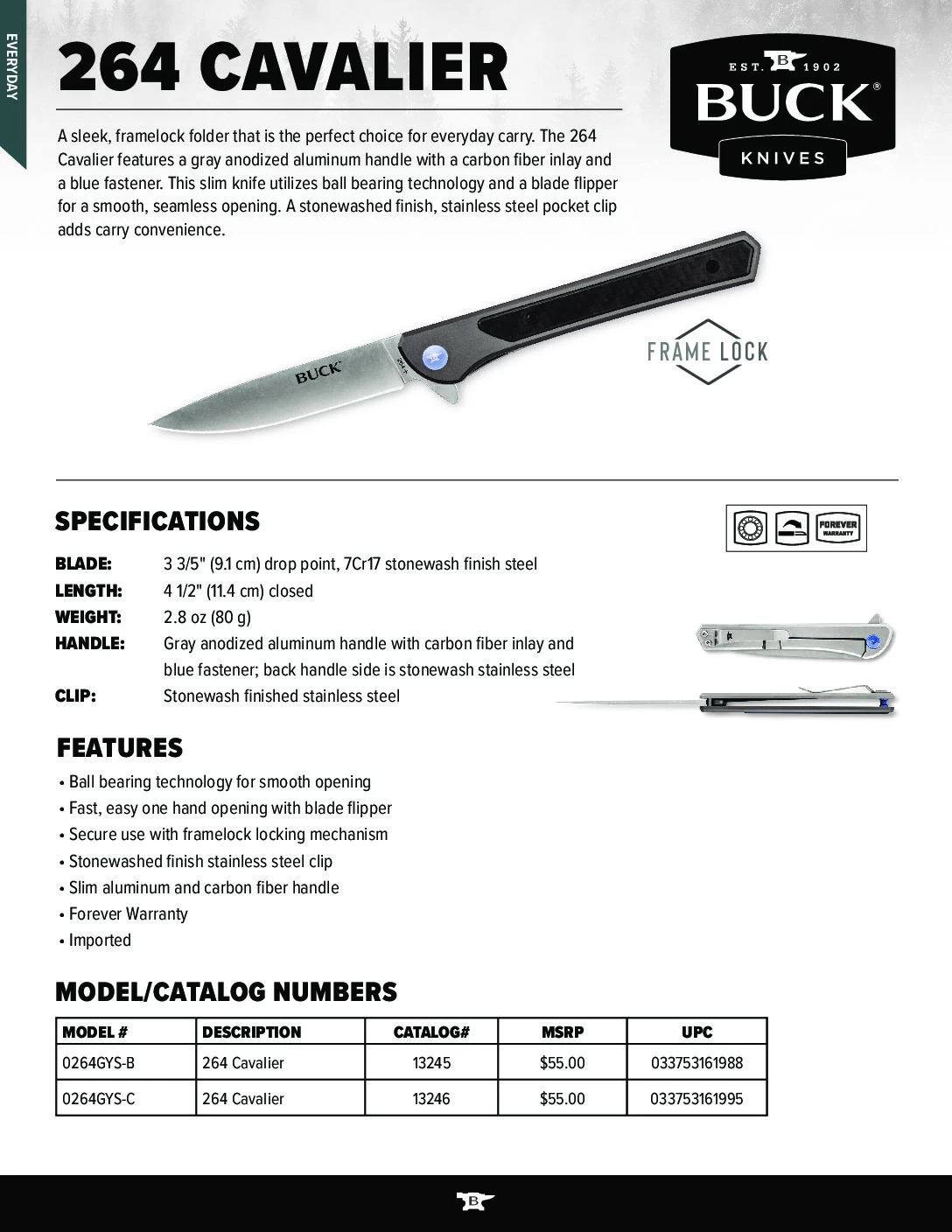 Buck Knives 264 Cavalier Frame Lock Ball Bearing Flipper Folding Knife W/ Clip 0264GYS 6 Buck Knives 264 Cavalier Frame Lock Ball Bearing Flipper Folding Knife W/ Clip 0264GYS - Image 6