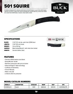 Buck Knives 501 Squire Legacy Series, 2.75″ S35VN Blade, Black Burlap Micarta Scales – Limited Edition 11 Buck Knives 501 Squire Legacy Series, 2.75″ S35VN Blade, Black Burlap Micarta Scales – Limited Edition -Knife discount store 501BKSLE Squire pdf